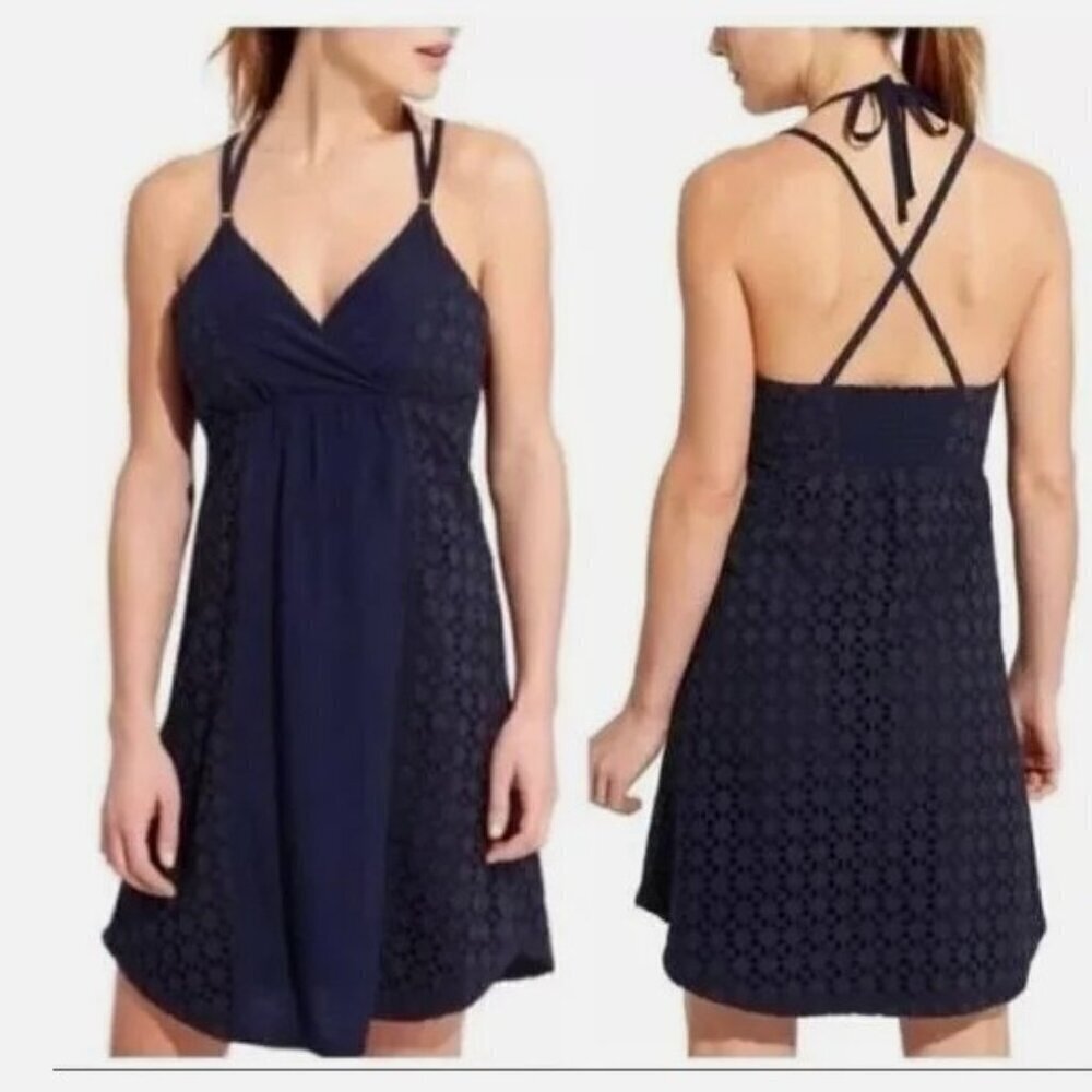 Athleta Eyelet Marbella Dress Navy Size Medium NWT